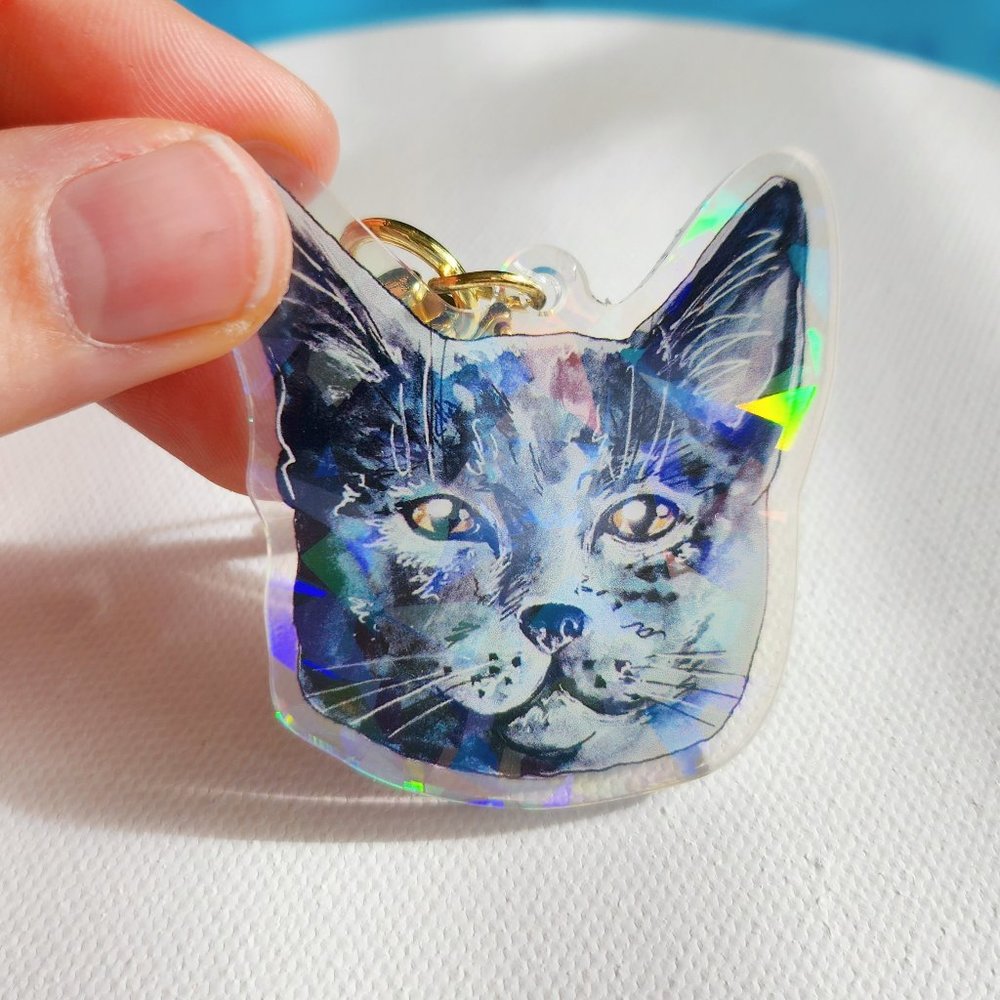 Gray Chartreux Cat Keychain, Cute Holo Keyring Gift, Holographic Acrylic Cat